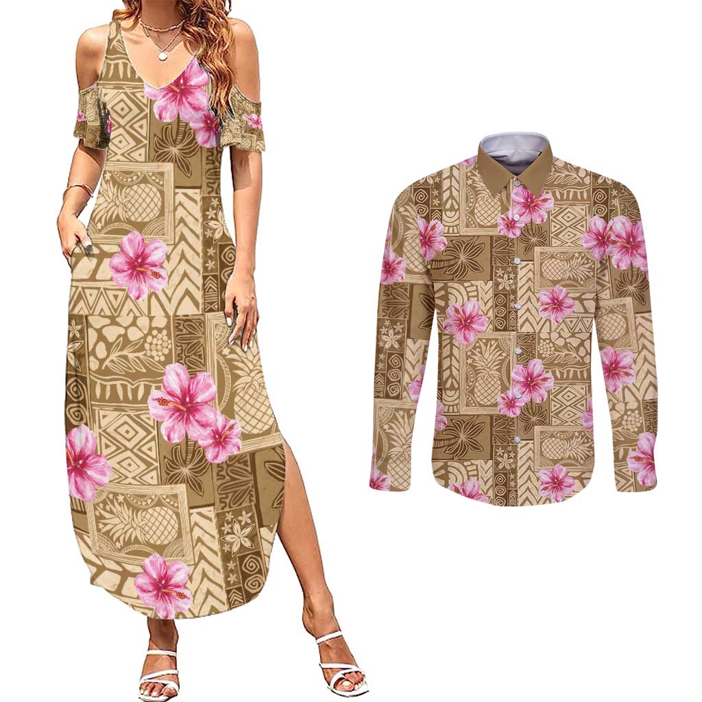 Beige Hawaii Hibiscus With Tropical Flowers Motifs Couples Matching Summer Maxi Dress and Long Sleeve Button Shirt LT14 Beige - Polynesian Pride