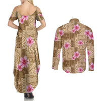 Beige Hawaii Hibiscus With Tropical Flowers Motifs Couples Matching Summer Maxi Dress and Long Sleeve Button Shirt LT14 - Polynesian Pride
