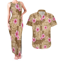 Beige Hawaii Hibiscus With Tropical Flowers Motifs Couples Matching Tank Maxi Dress and Hawaiian Shirt LT14 Beige - Polynesian Pride
