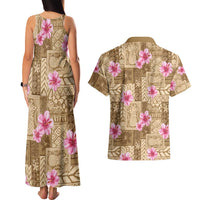Beige Hawaii Hibiscus With Tropical Flowers Motifs Couples Matching Tank Maxi Dress and Hawaiian Shirt LT14 - Polynesian Pride