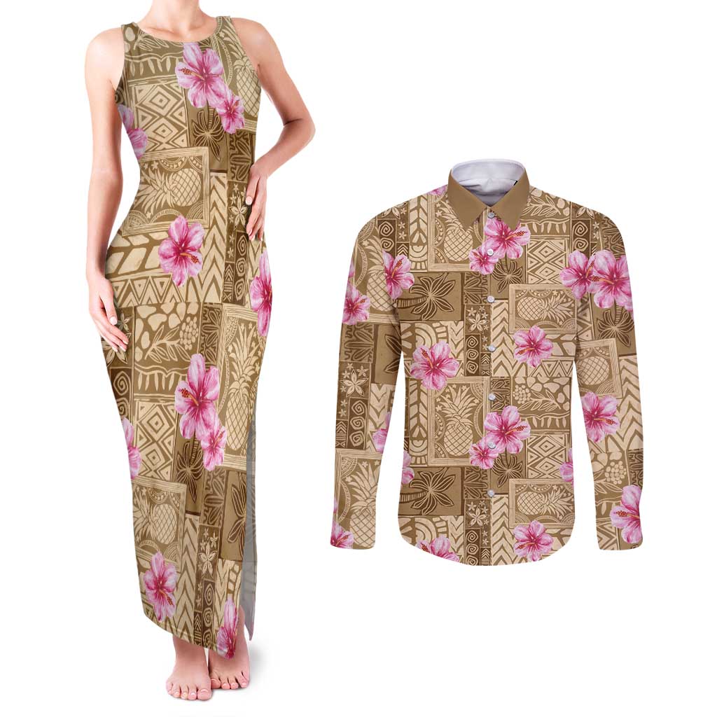Beige Hawaii Hibiscus With Tropical Flowers Motifs Couples Matching Tank Maxi Dress and Long Sleeve Button Shirt LT14 Beige - Polynesian Pride