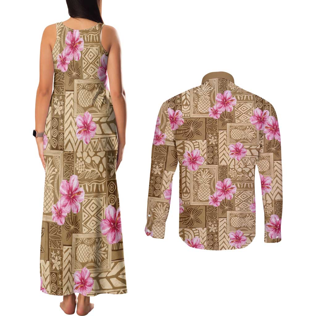 Beige Hawaii Hibiscus With Tropical Flowers Motifs Couples Matching Tank Maxi Dress and Long Sleeve Button Shirt LT14 - Polynesian Pride