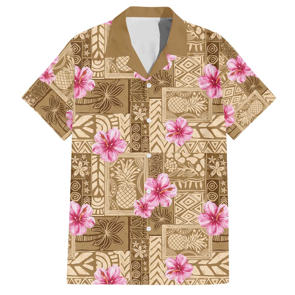Beige Hawaii Hibiscus With Tropical Flowers Motifs Family Matching Long Sleeve Bodycon Dress and Hawaiian Shirt LT14 Dad's Shirt - Short Sleeve Beige - Polynesian Pride