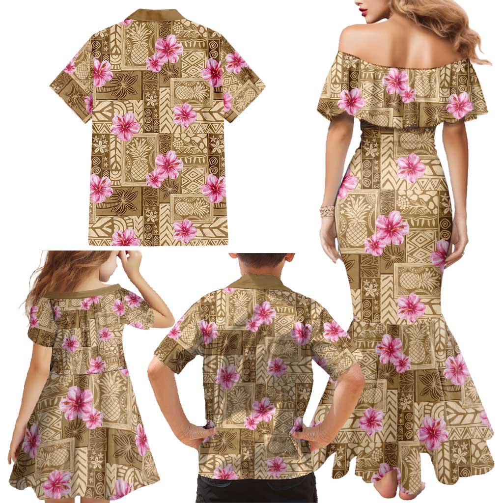Beige Hawaii Hibiscus With Tropical Flowers Motifs Family Matching Mermaid Dress and Hawaiian Shirt LT14 - Polynesian Pride