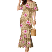 Beige Hawaii Hibiscus With Tropical Flowers Motifs Family Matching Mermaid Dress and Hawaiian Shirt LT14 Mom's Dress Beige - Polynesian Pride