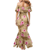 Beige Hawaii Hibiscus With Tropical Flowers Motifs Family Matching Mermaid Dress and Hawaiian Shirt LT14 - Polynesian Pride