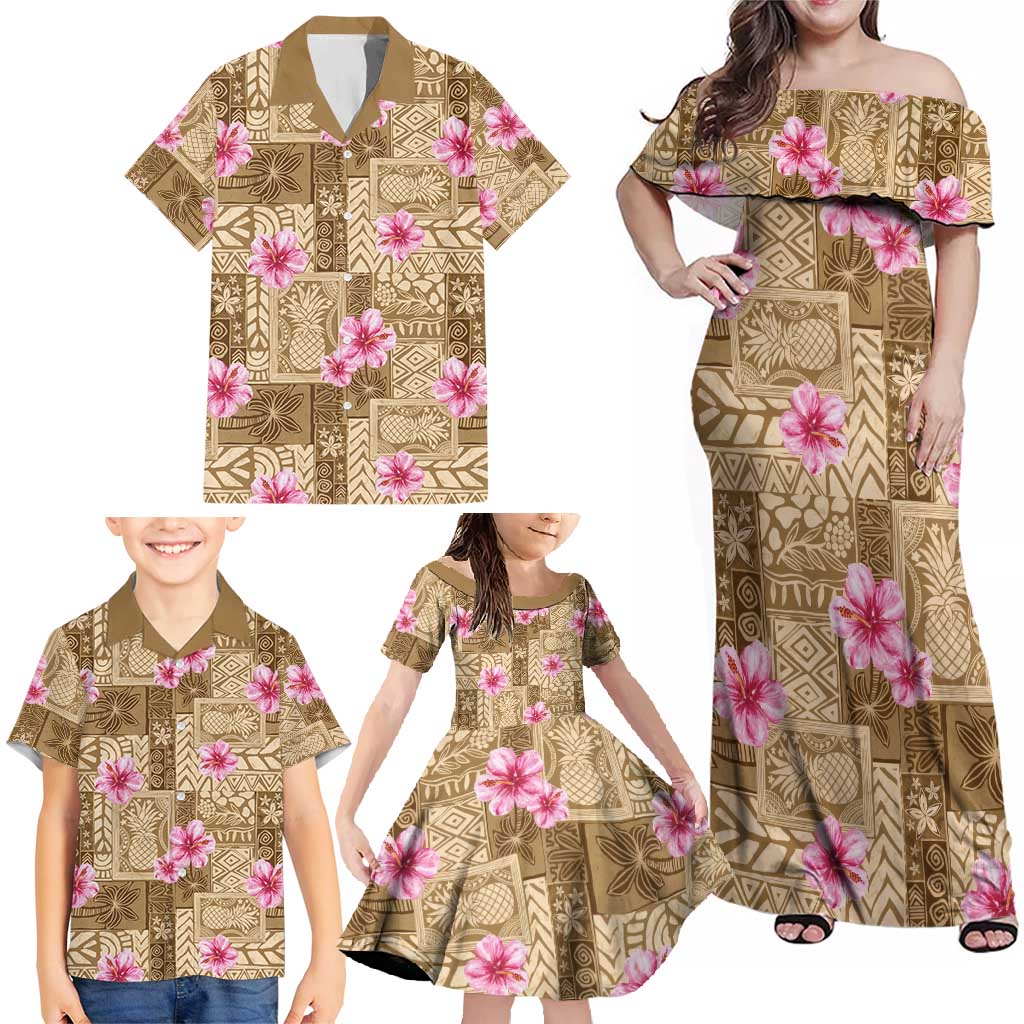 Beige Hawaii Hibiscus With Tropical Flowers Motifs Family Matching Off Shoulder Maxi Dress and Hawaiian Shirt LT14 - Polynesian Pride