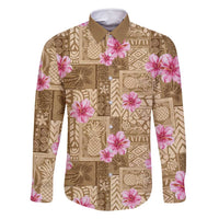 Beige Hawaii Hibiscus With Tropical Flowers Motifs Family Matching Off Shoulder Maxi Dress and Hawaiian Shirt LT14 Dad's Shirt - Long Sleeve Beige - Polynesian Pride