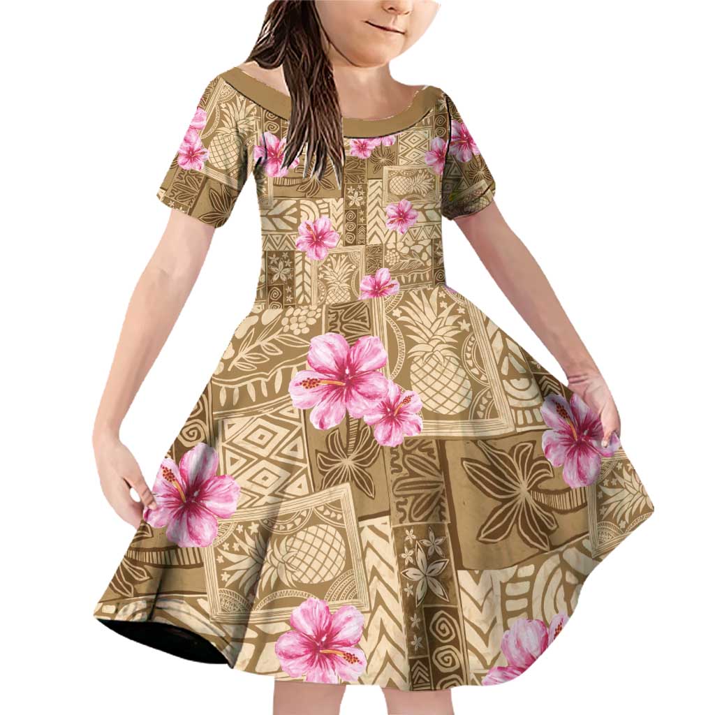 Beige Hawaii Hibiscus With Tropical Flowers Motifs Family Matching Off Shoulder Short Dress and Hawaiian Shirt LT14 Daughter's Dress Beige - Polynesian Pride