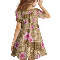 Beige Hawaii Hibiscus With Tropical Flowers Motifs Family Matching Off Shoulder Short Dress and Hawaiian Shirt LT14 - Polynesian Pride