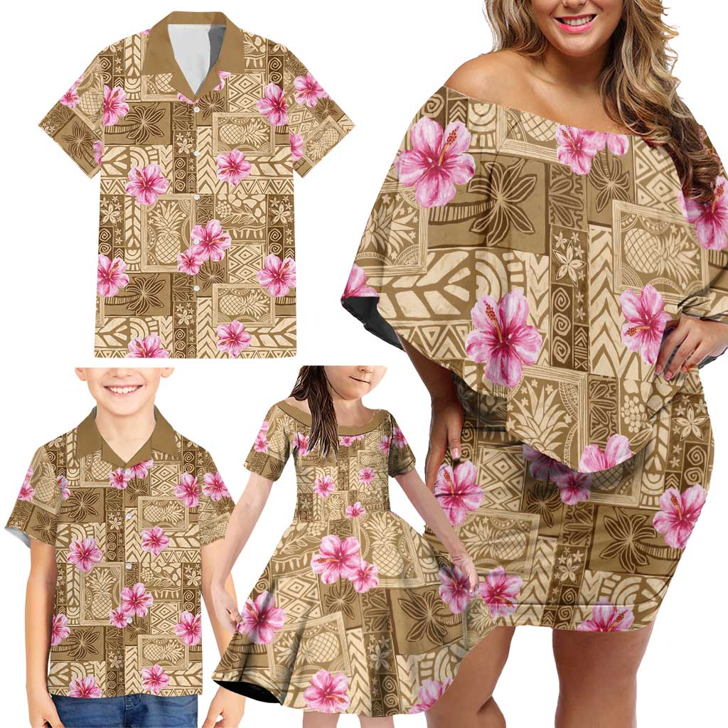 Beige Hawaii Hibiscus With Tropical Flowers Motifs Family Matching Off Shoulder Short Dress and Hawaiian Shirt LT14 - Polynesian Pride