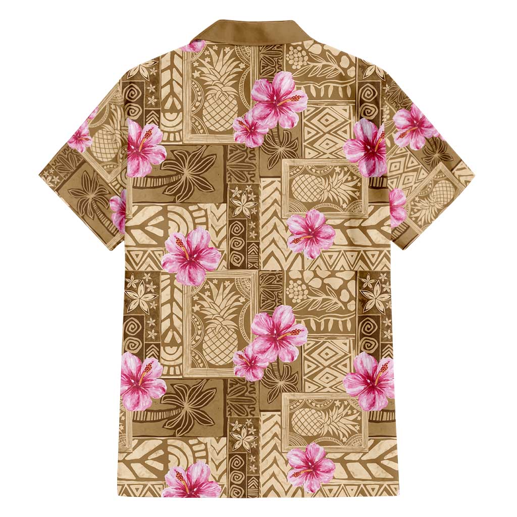 Beige Hawaii Hibiscus With Tropical Flowers Motifs Family Matching Off Shoulder Short Dress and Hawaiian Shirt LT14 - Polynesian Pride
