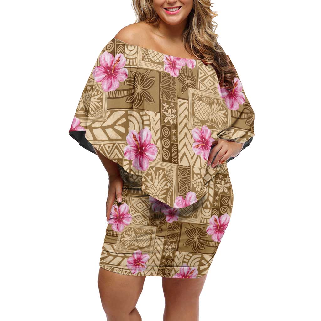 Beige Hawaii Hibiscus With Tropical Flowers Motifs Family Matching Off Shoulder Short Dress and Hawaiian Shirt LT14 Mom's Dress Beige - Polynesian Pride