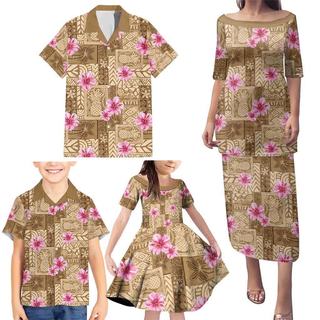 Beige Hawaii Hibiscus With Tropical Flowers Motifs Family Matching Puletasi and Hawaiian Shirt LT14 - Polynesian Pride