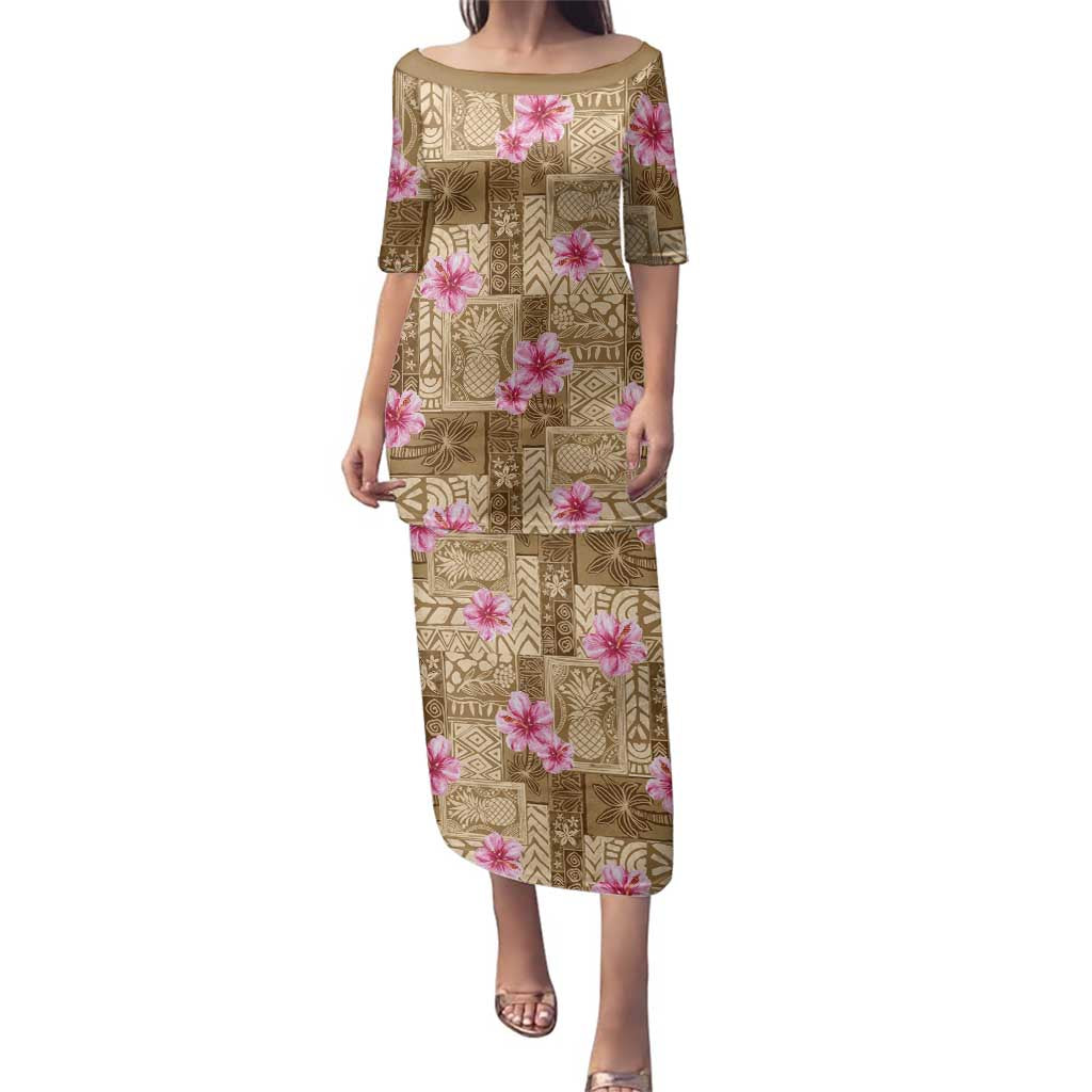 Beige Hawaii Hibiscus With Tropical Flowers Motifs Family Matching Puletasi and Hawaiian Shirt LT14 Mom's Dress Beige - Polynesian Pride