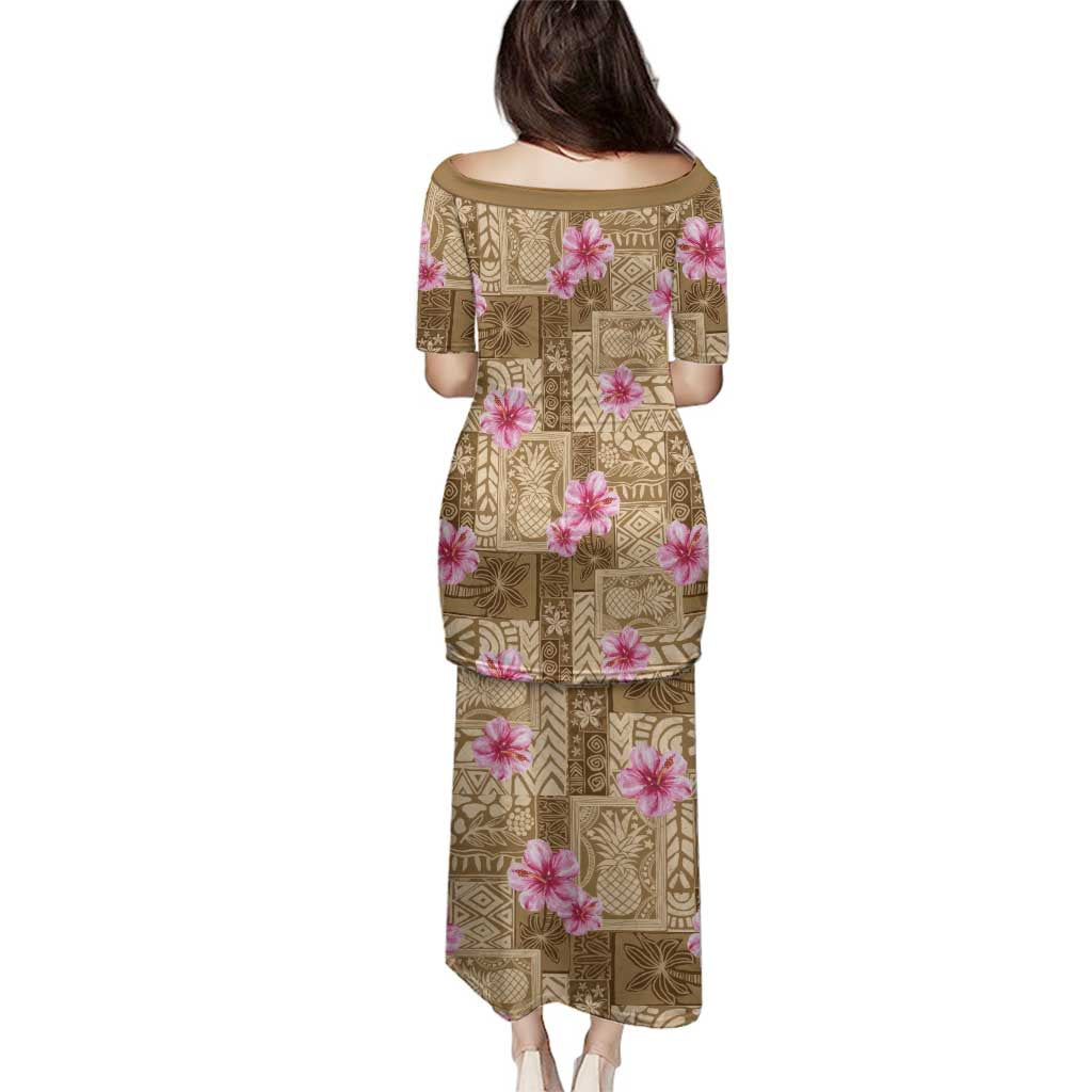 Beige Hawaii Hibiscus With Tropical Flowers Motifs Family Matching Puletasi and Hawaiian Shirt LT14 - Polynesian Pride