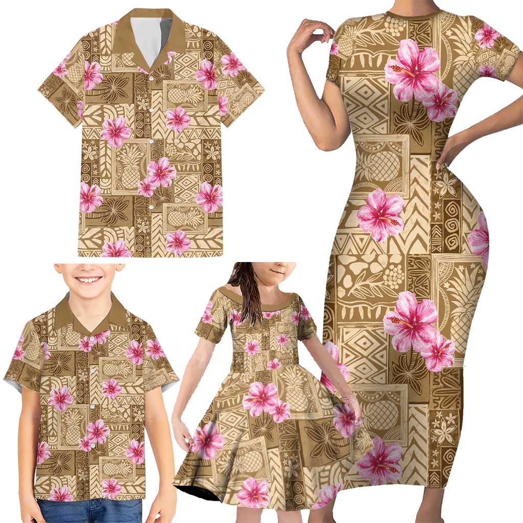 Beige Hawaii Hibiscus With Tropical Flowers Motifs Family Matching Short Sleeve Bodycon Dress and Hawaiian Shirt LT14 - Polynesian Pride