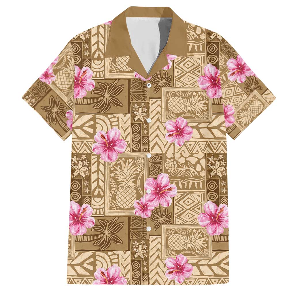 Beige Hawaii Hibiscus With Tropical Flowers Motifs Family Matching Short Sleeve Bodycon Dress and Hawaiian Shirt LT14 Dad's Shirt - Short Sleeve Beige - Polynesian Pride