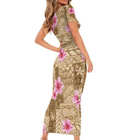 Beige Hawaii Hibiscus With Tropical Flowers Motifs Family Matching Short Sleeve Bodycon Dress and Hawaiian Shirt LT14 - Polynesian Pride