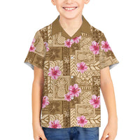 Beige Hawaii Hibiscus With Tropical Flowers Motifs Family Matching Short Sleeve Bodycon Dress and Hawaiian Shirt LT14 Son's Shirt Beige - Polynesian Pride