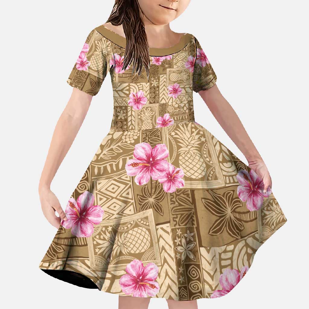 Beige Hawaii Hibiscus With Tropical Flowers Motifs Family Matching Summer Maxi Dress and Hawaiian Shirt LT14 Daughter's Dress Beige - Polynesian Pride