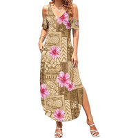Beige Hawaii Hibiscus With Tropical Flowers Motifs Family Matching Summer Maxi Dress and Hawaiian Shirt LT14 Mom's Dress Beige - Polynesian Pride