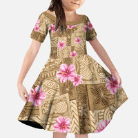 Beige Hawaii Hibiscus With Tropical Flowers Motifs Family Matching Tank Maxi Dress and Hawaiian Shirt LT14 Daughter's Dress Beige - Polynesian Pride