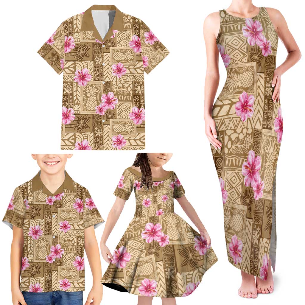 Beige Hawaii Hibiscus With Tropical Flowers Motifs Family Matching Tank Maxi Dress and Hawaiian Shirt LT14 - Polynesian Pride