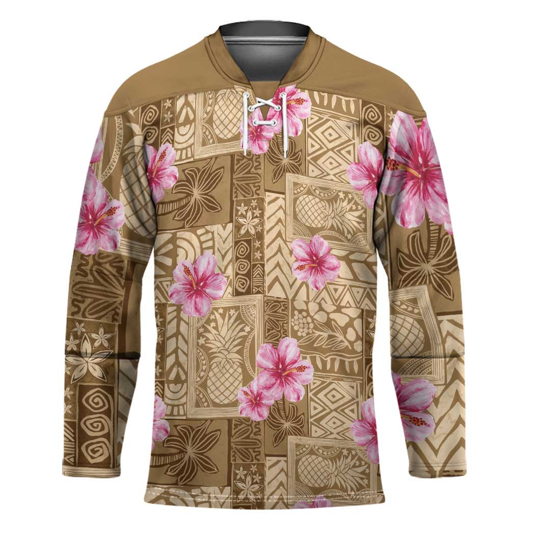 Beige Hawaii Hibiscus With Tropical Flowers Motifs Hockey Jersey - Polynesian Pride