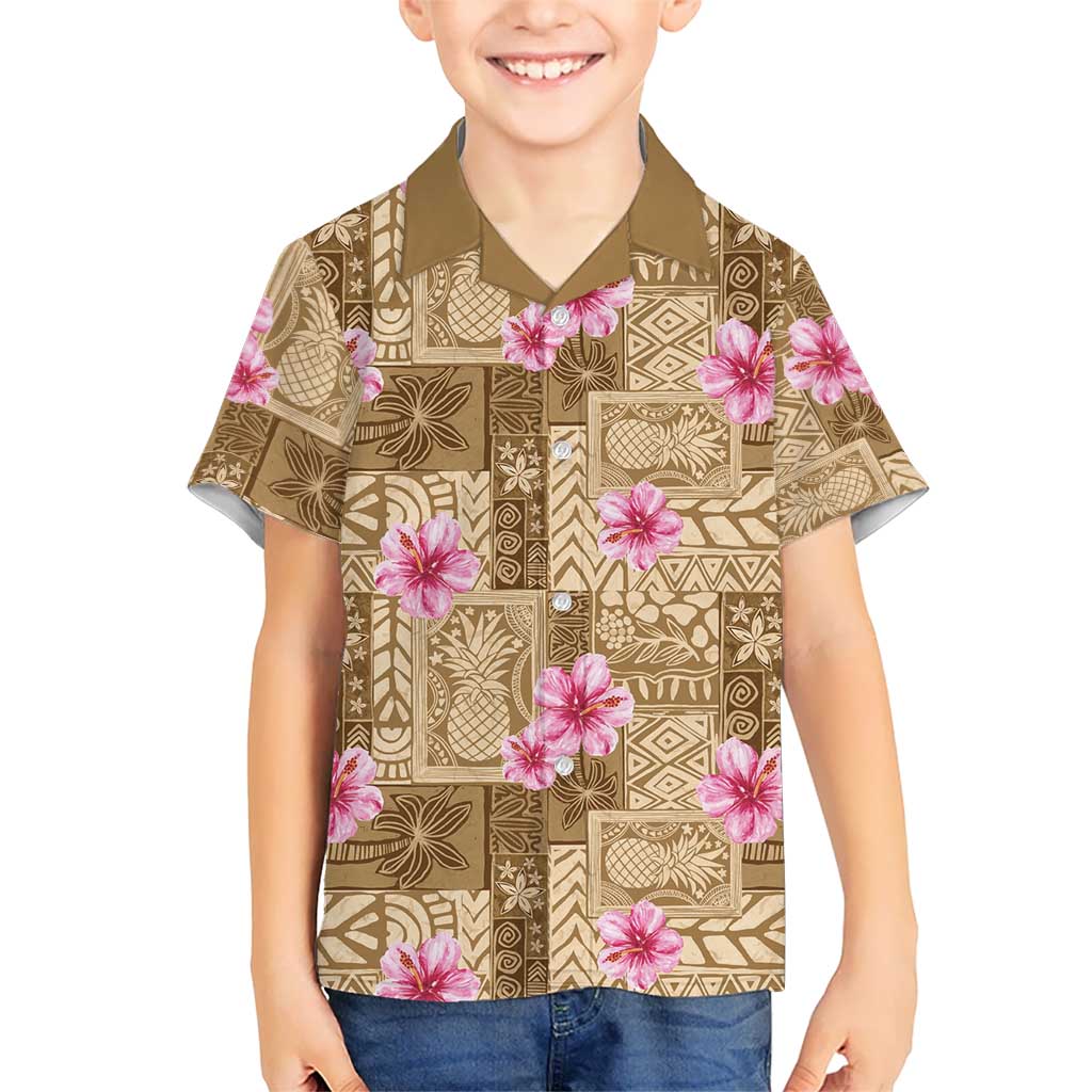 Beige Hawaii Hibiscus With Tropical Flowers Motifs Kid Hawaiian Shirt LT14 Kid Beige - Polynesian Pride