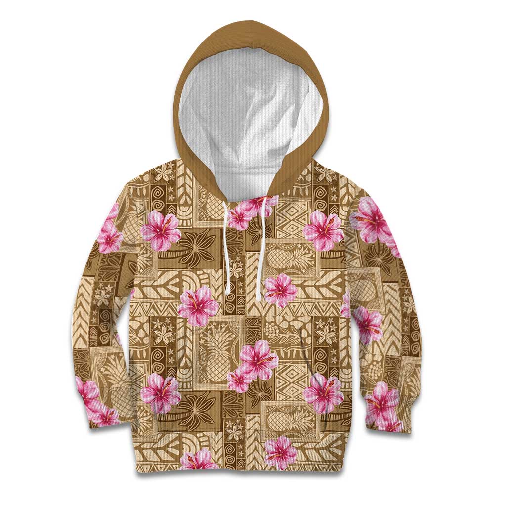 Beige Hawaii Hibiscus With Tropical Flowers Motifs Kid Hoodie LT14 Hoodie Beige - Polynesian Pride