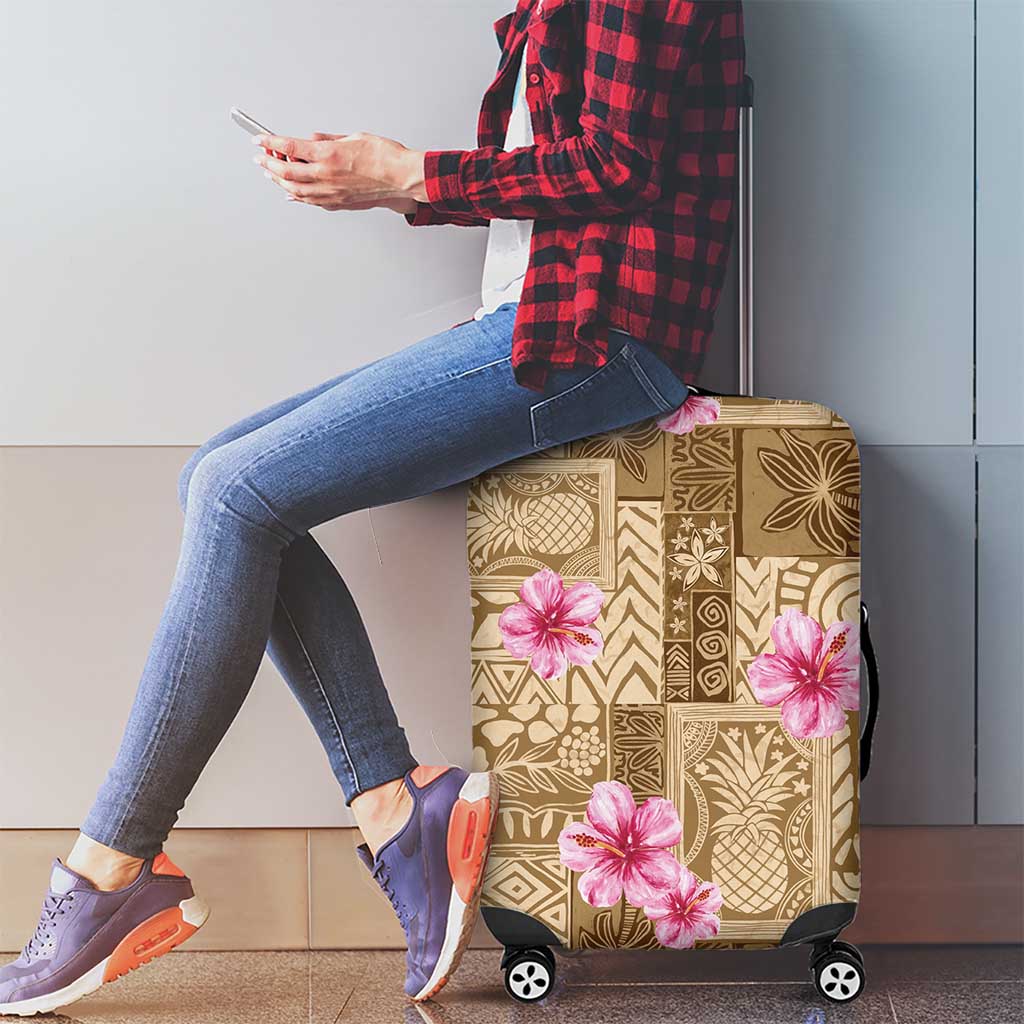 Beige Hawaii Hibiscus With Tropical Flowers Motifs Luggage Cover - Polynesian Pride