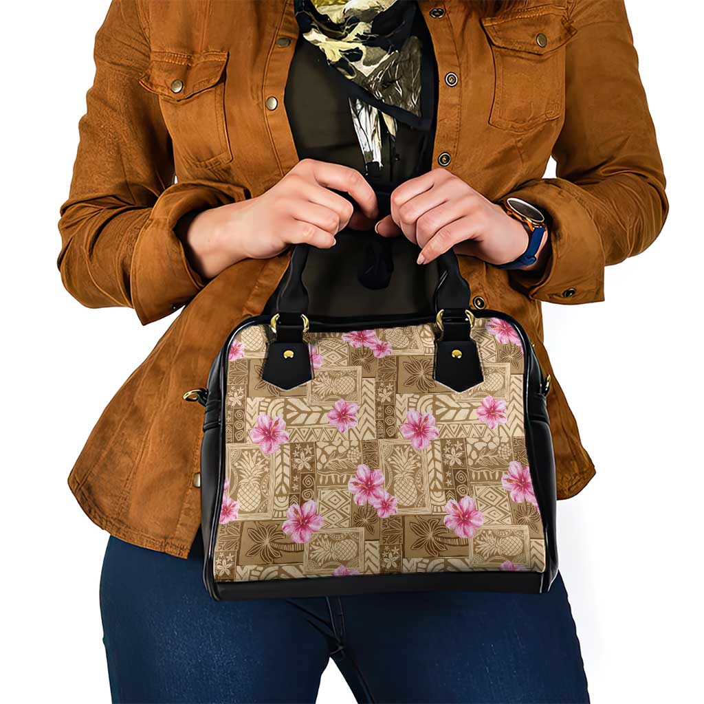 Beige Hawaii Hibiscus With Tropical Flowers Motifs Shoulder Handbag - Polynesian Pride