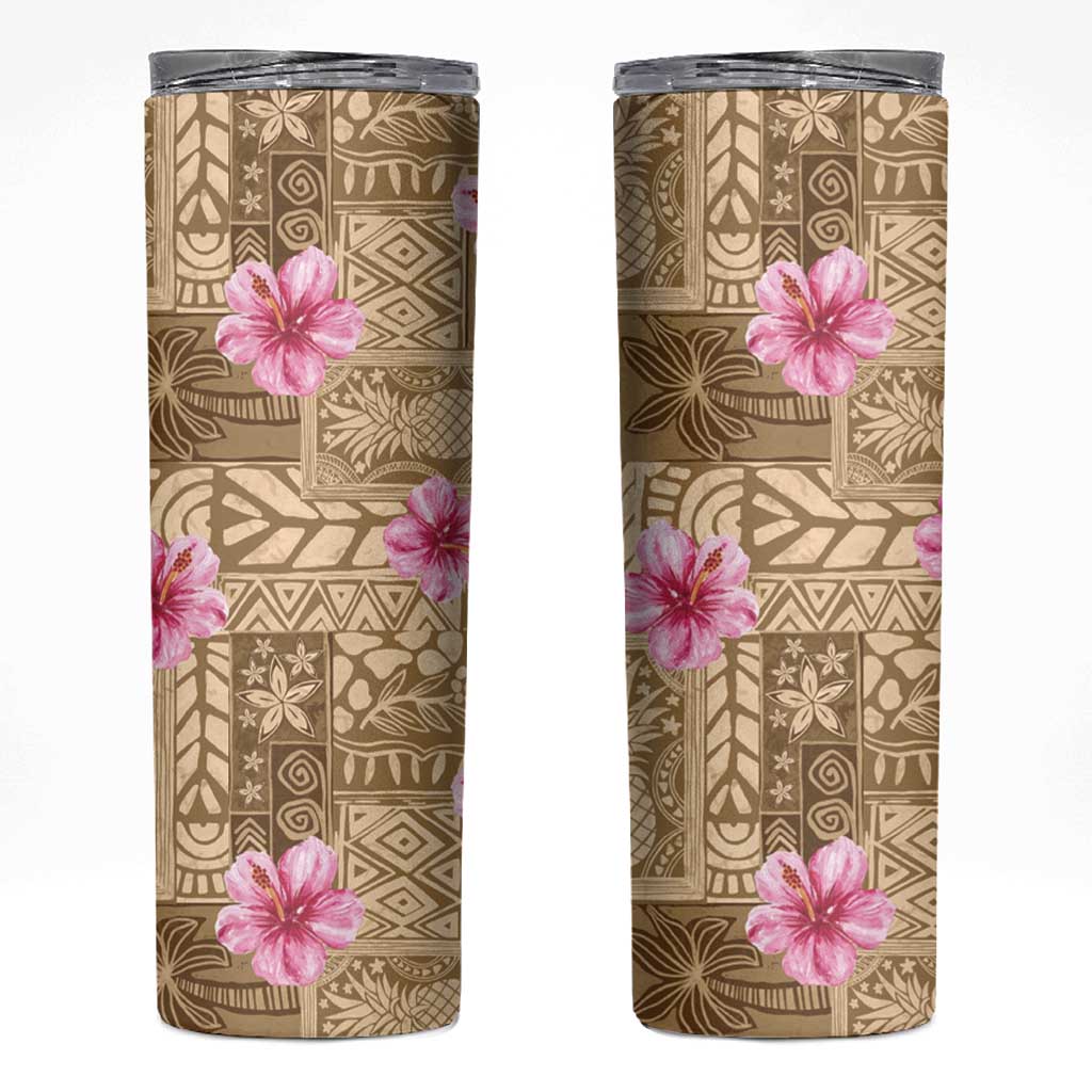 Beige Hawaii Hibiscus With Tropical Flowers Motifs Skinny Tumbler LT14 Beige - Polynesian Pride