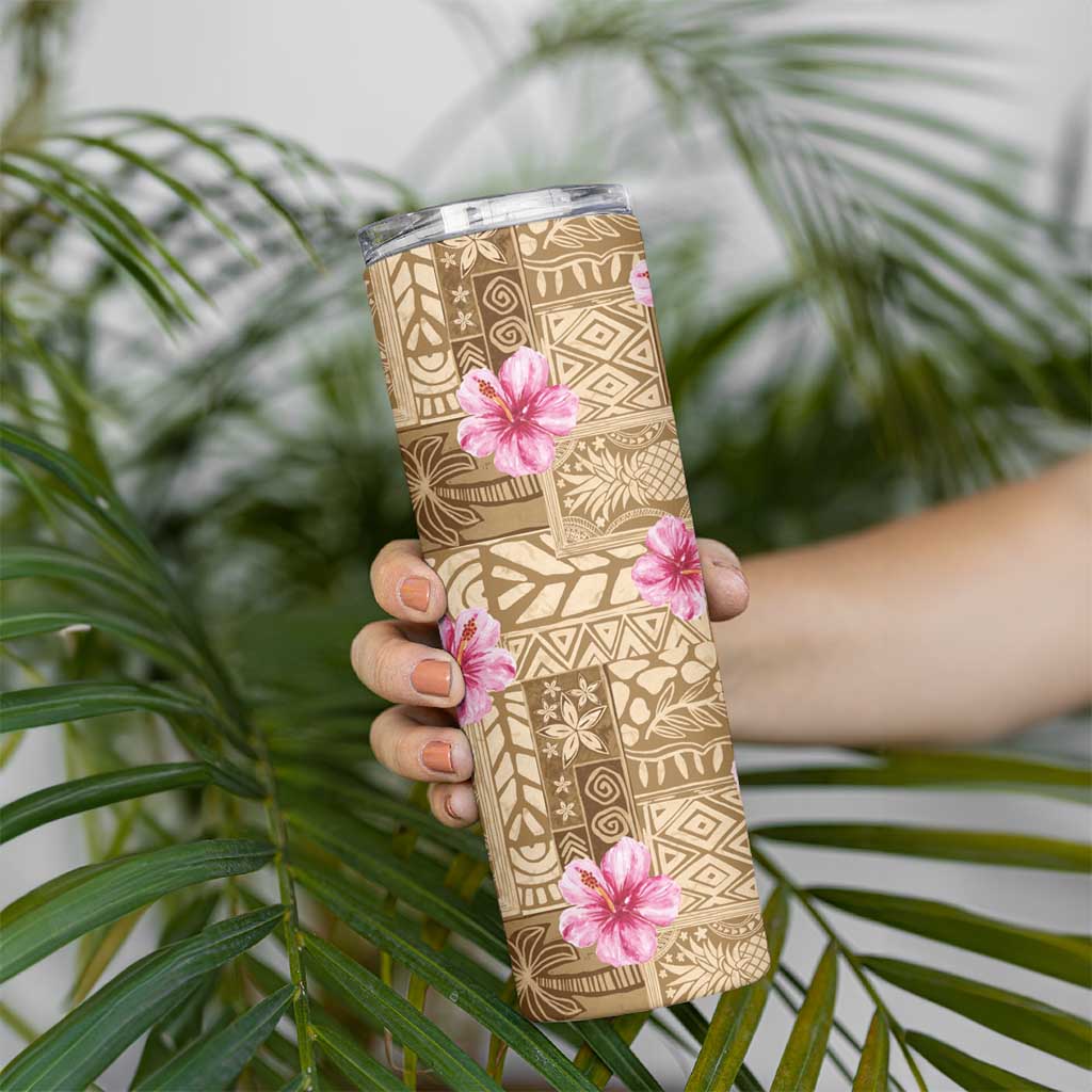 Beige Hawaii Hibiscus With Tropical Flowers Motifs Skinny Tumbler LT14 - Polynesian Pride