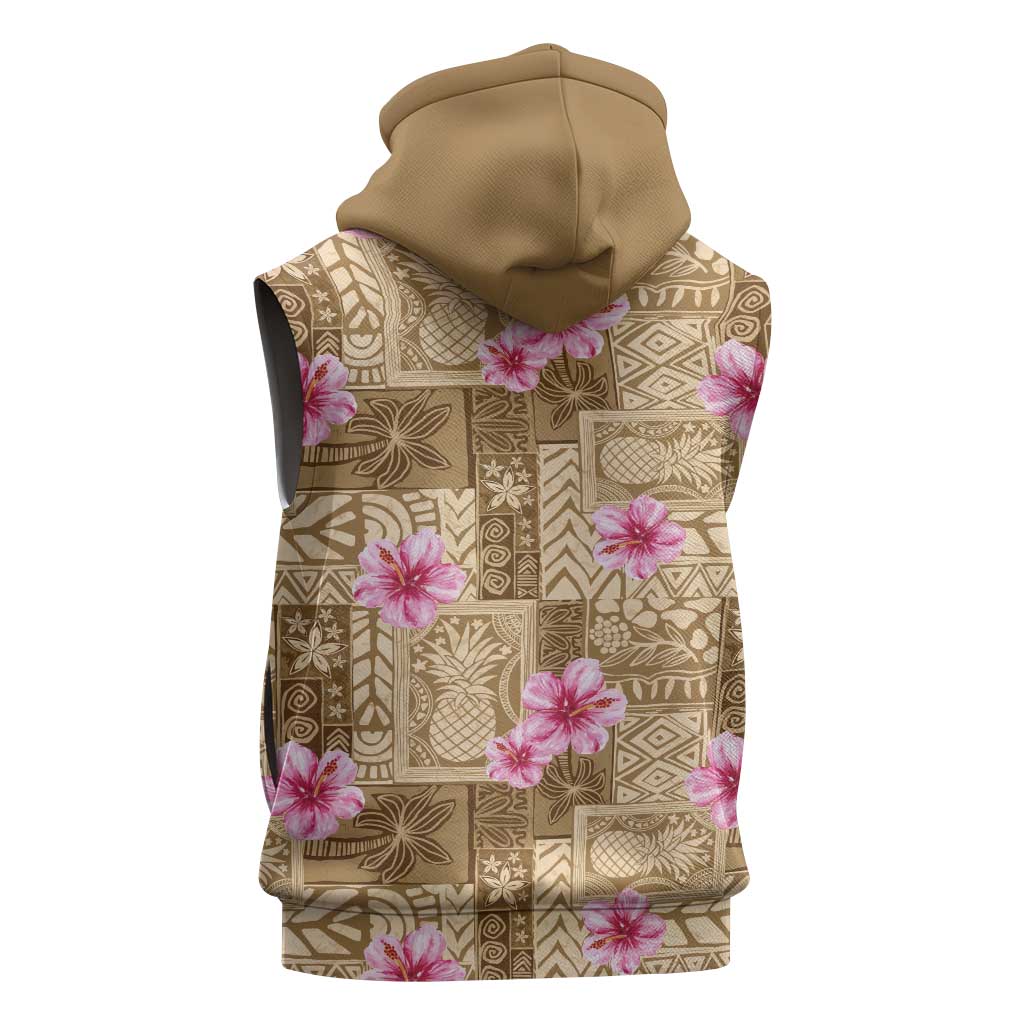 Beige Hawaii Hibiscus With Tropical Flowers Motifs Sleeveless Zip Hoodie LT14