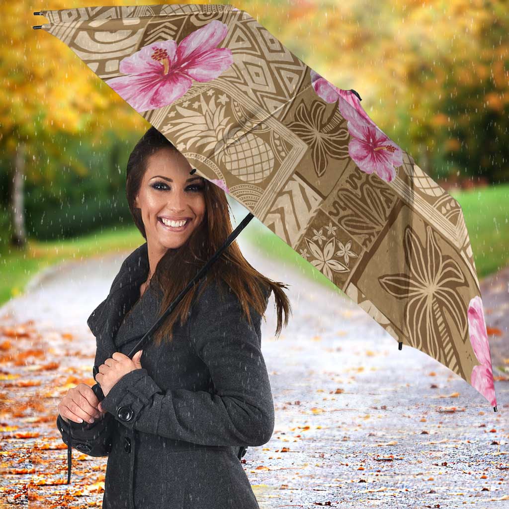 Beige Hawaii Hibiscus With Tropical Flowers Motifs Umbrella - Polynesian Pride