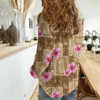 Beige Hawaii Hibiscus With Tropical Flowers Motifs Women Casual Shirt - Polynesian Pride