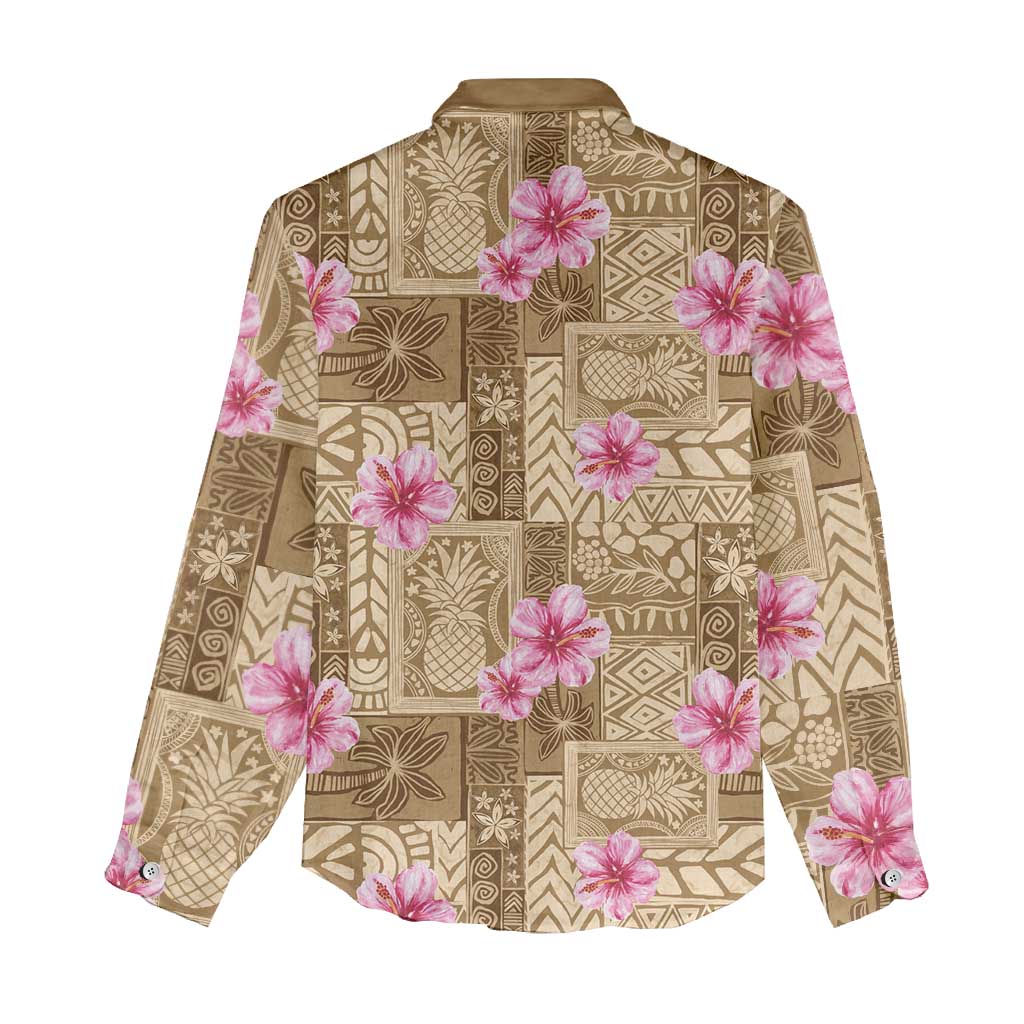 Beige Hawaii Hibiscus With Tropical Flowers Motifs Women Casual Shirt - Polynesian Pride
