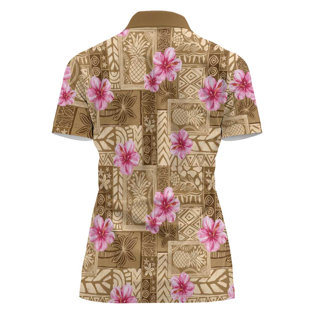 Beige Hawaii Hibiscus With Tropical Flowers Motifs Women Polo Shirt - Polynesian Pride