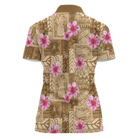 Beige Hawaii Hibiscus With Tropical Flowers Motifs Women Polo Shirt - Polynesian Pride