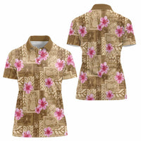 Beige Hawaii Hibiscus With Tropical Flowers Motifs Women Polo Shirt - Polynesian Pride