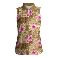 Beige Hawaii Hibiscus With Tropical Flowers Motifs Women Sleeveless Polo Shirt LT14 Female Beige - Polynesian Pride