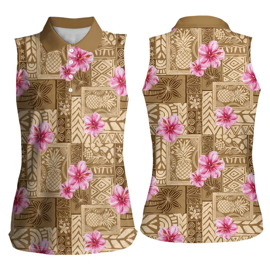 Beige Hawaii Hibiscus With Tropical Flowers Motifs Women Sleeveless Polo Shirt LT14 - Polynesian Pride