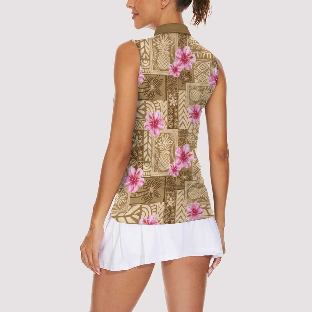Beige Hawaii Hibiscus With Tropical Flowers Motifs Women Sleeveless Polo Shirt LT14 - Polynesian Pride