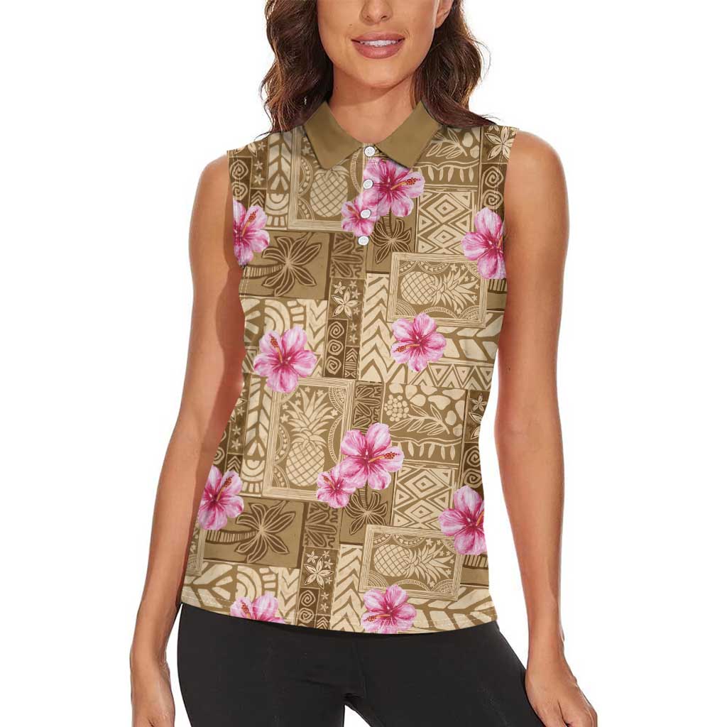 Beige Hawaii Hibiscus With Tropical Flowers Motifs Women Sleeveless Polo Shirt LT14 - Polynesian Pride