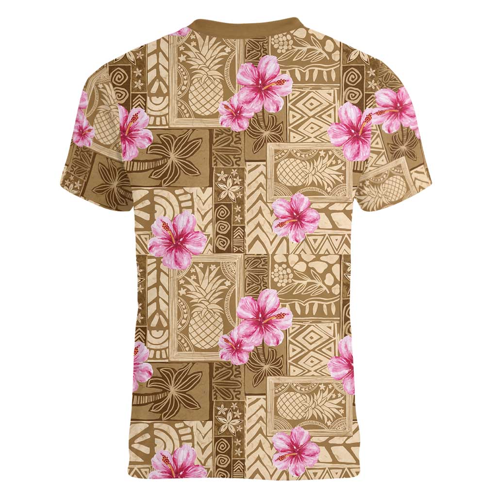 Beige Hawaii Hibiscus With Tropical Flowers Motifs Women V-Neck T-Shirt LT14 - Polynesian Pride