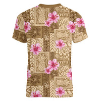 Beige Hawaii Hibiscus With Tropical Flowers Motifs Women V-Neck T-Shirt LT14 - Polynesian Pride