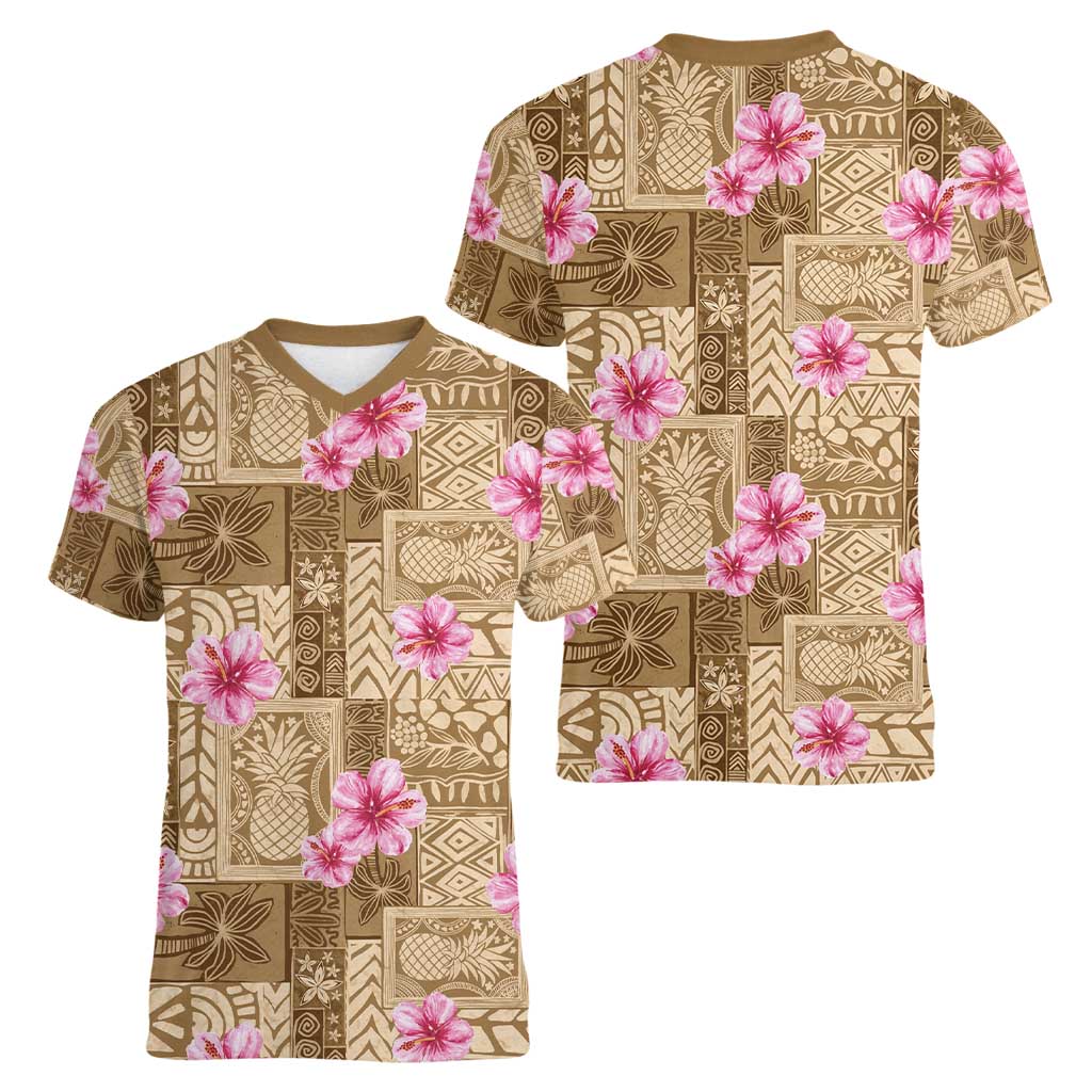 Beige Hawaii Hibiscus With Tropical Flowers Motifs Women V-Neck T-Shirt LT14 - Polynesian Pride