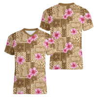 Beige Hawaii Hibiscus With Tropical Flowers Motifs Women V-Neck T-Shirt LT14 - Polynesian Pride